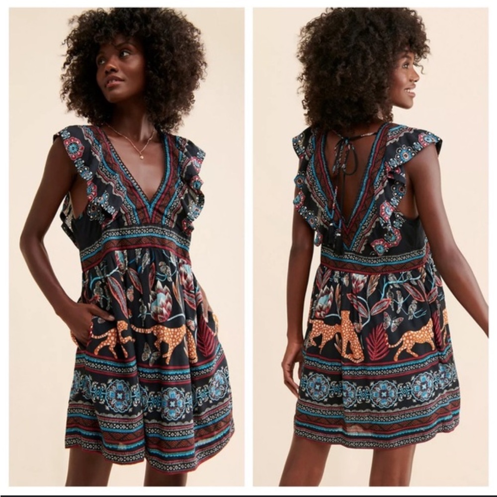By Anthropologie V-Neck Plunge Tunic Mini Dress w/ Pockets Cheetah NWT Size XS